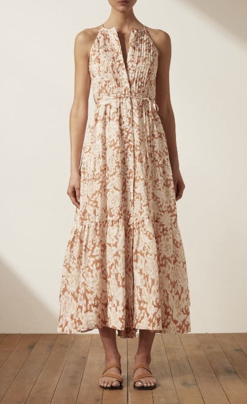 Shona Joy Floral Linen Midi Dress in Orange Floral